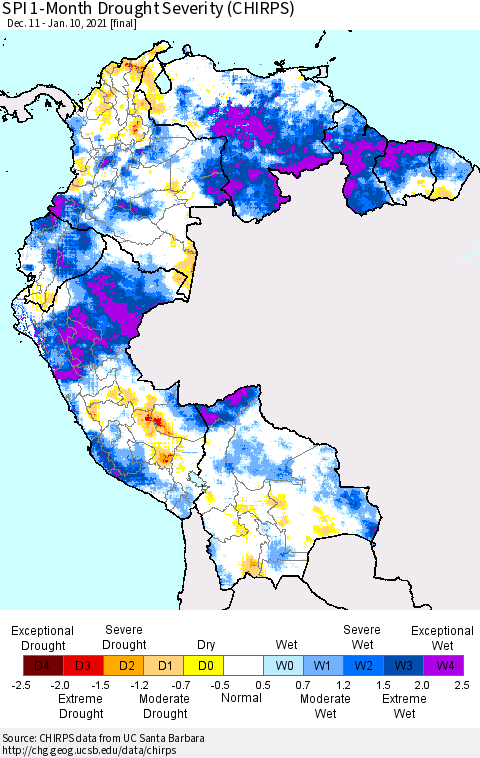 Northern South America SPI 1-Month Drought Severity (CHIRPS) Thematic Map For 12/11/2020 - 1/10/2021