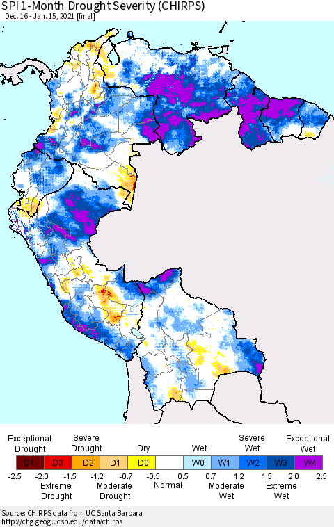 Northern South America SPI 1-Month Drought Severity (CHIRPS) Thematic Map For 12/16/2020 - 1/15/2021