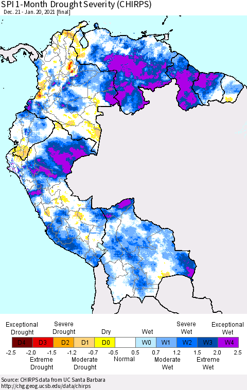 Northern South America SPI 1-Month Drought Severity (CHIRPS) Thematic Map For 12/21/2020 - 1/20/2021