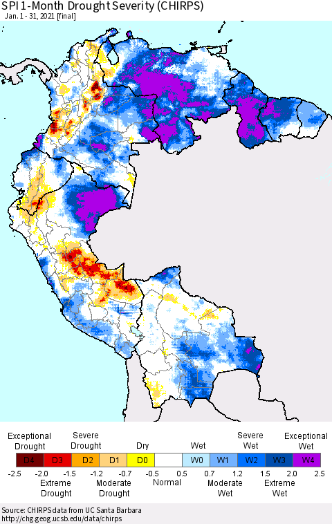 Northern South America SPI 1-Month Drought Severity (CHIRPS) Thematic Map For 1/1/2021 - 1/31/2021