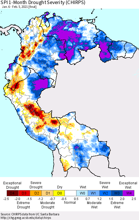 Northern South America SPI 1-Month Drought Severity (CHIRPS) Thematic Map For 1/6/2021 - 2/5/2021