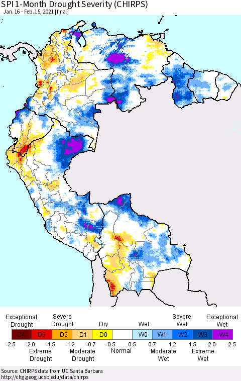 Northern South America SPI 1-Month Drought Severity (CHIRPS) Thematic Map For 1/16/2021 - 2/15/2021