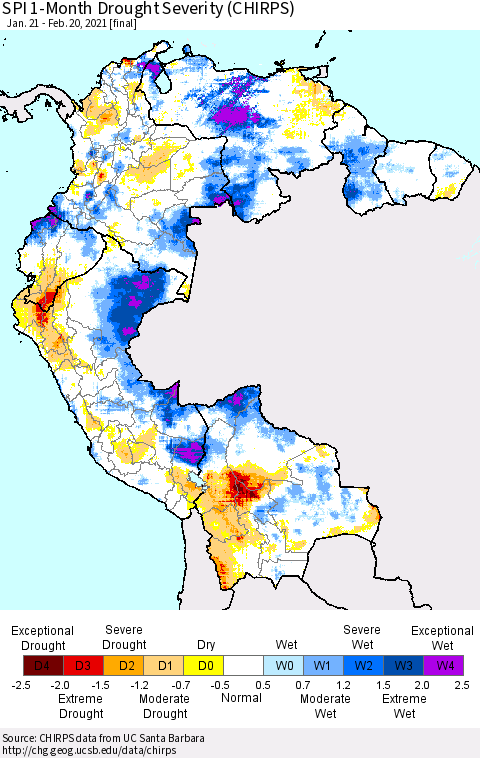 Northern South America SPI 1-Month Drought Severity (CHIRPS) Thematic Map For 1/21/2021 - 2/20/2021