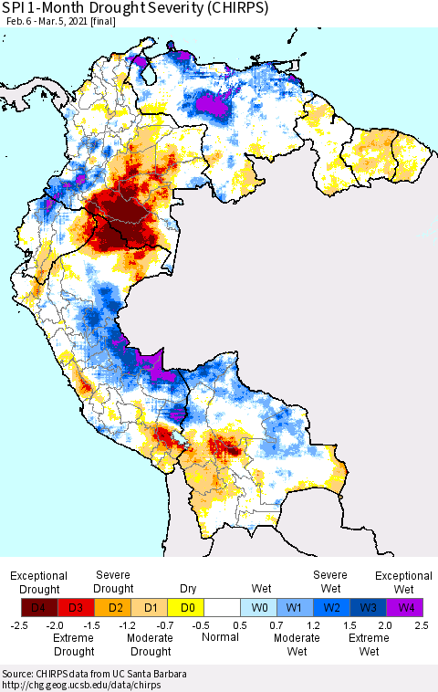 Northern South America SPI 1-Month Drought Severity (CHIRPS) Thematic Map For 2/6/2021 - 3/5/2021