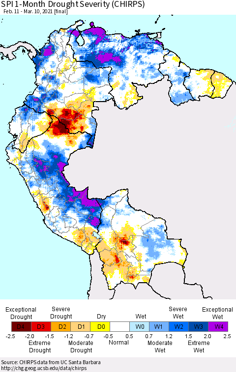 Northern South America SPI 1-Month Drought Severity (CHIRPS) Thematic Map For 2/11/2021 - 3/10/2021