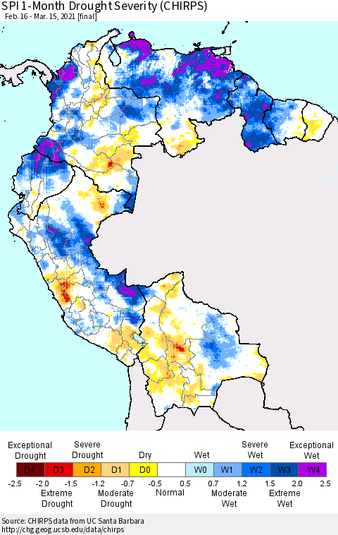 Northern South America SPI 1-Month Drought Severity (CHIRPS) Thematic Map For 2/16/2021 - 3/15/2021