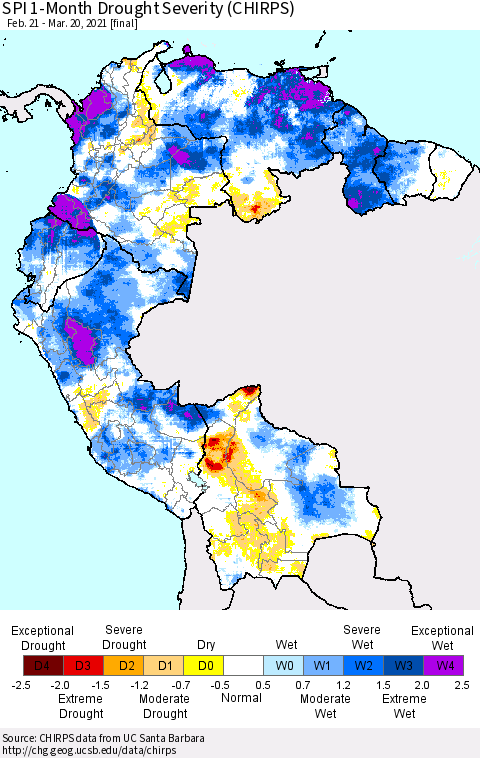 Northern South America SPI 1-Month Drought Severity (CHIRPS) Thematic Map For 2/21/2021 - 3/20/2021