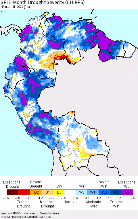Northern South America SPI 1-Month Drought Severity (CHIRPS) Thematic Map For 3/1/2021 - 3/31/2021