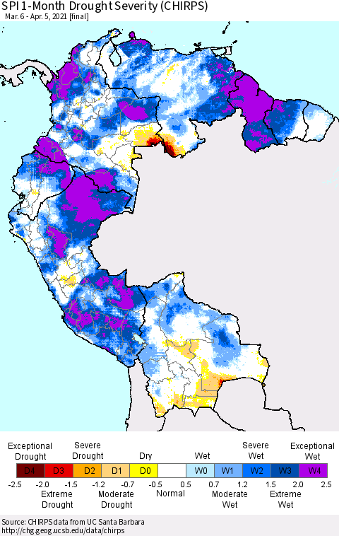Northern South America SPI 1-Month Drought Severity (CHIRPS) Thematic Map For 3/6/2021 - 4/5/2021