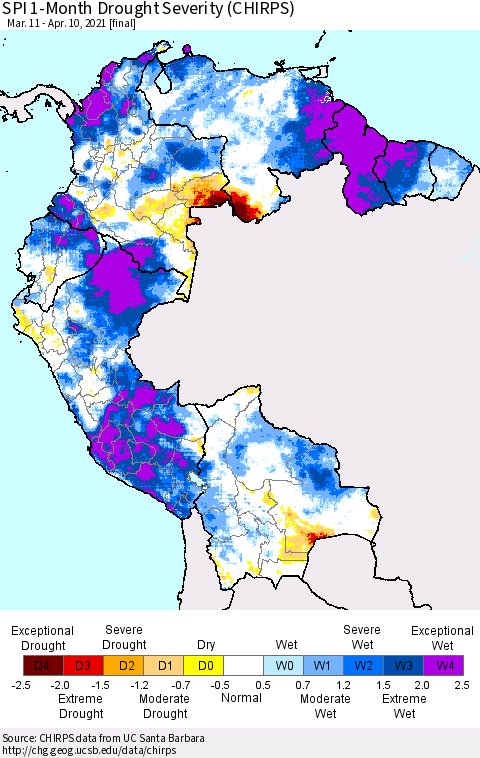 Northern South America SPI 1-Month Drought Severity (CHIRPS) Thematic Map For 3/11/2021 - 4/10/2021