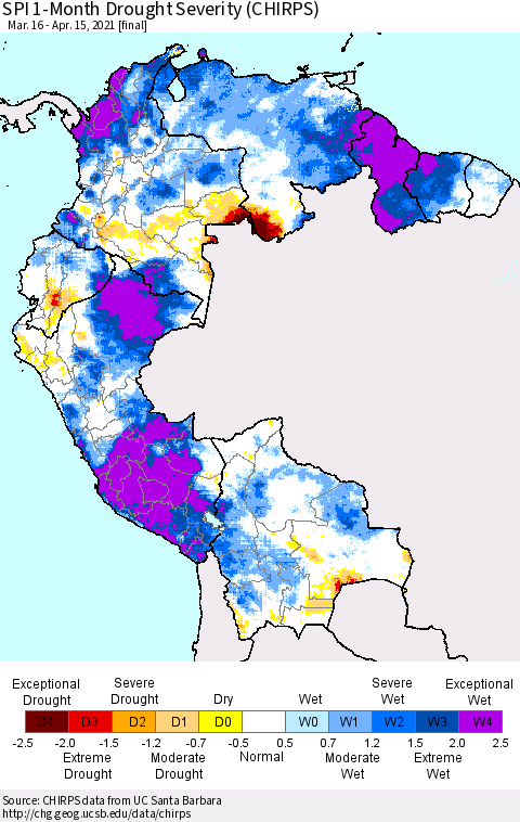 Northern South America SPI 1-Month Drought Severity (CHIRPS) Thematic Map For 3/16/2021 - 4/15/2021
