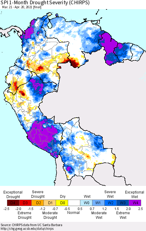 Northern South America SPI 1-Month Drought Severity (CHIRPS) Thematic Map For 3/21/2021 - 4/20/2021