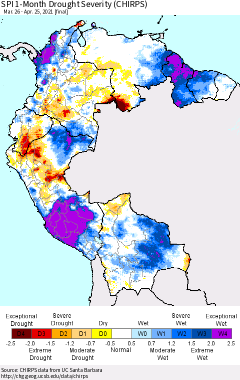 Northern South America SPI 1-Month Drought Severity (CHIRPS) Thematic Map For 3/26/2021 - 4/25/2021
