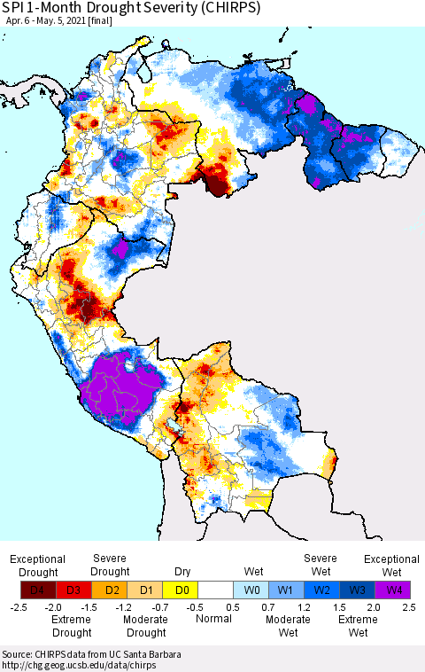 Northern South America SPI 1-Month Drought Severity (CHIRPS) Thematic Map For 4/6/2021 - 5/5/2021