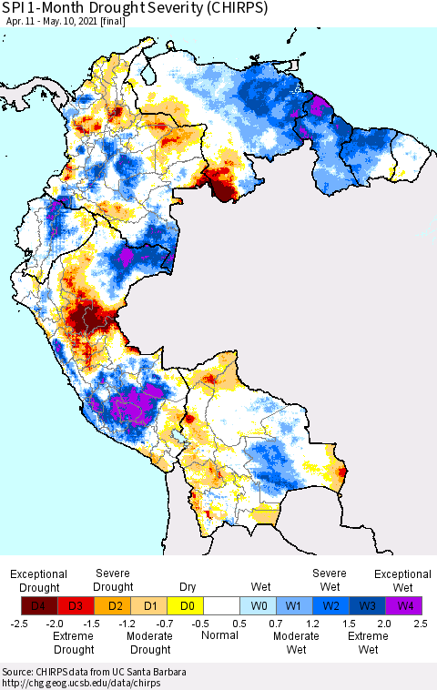 Northern South America SPI 1-Month Drought Severity (CHIRPS) Thematic Map For 4/11/2021 - 5/10/2021