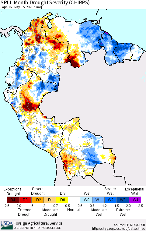 Northern South America SPI 1-Month Drought Severity (CHIRPS) Thematic Map For 4/16/2021 - 5/15/2021
