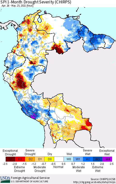 Northern South America SPI 1-Month Drought Severity (CHIRPS) Thematic Map For 4/26/2021 - 5/25/2021
