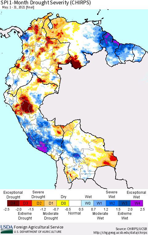 Northern South America SPI 1-Month Drought Severity (CHIRPS) Thematic Map For 5/1/2021 - 5/31/2021
