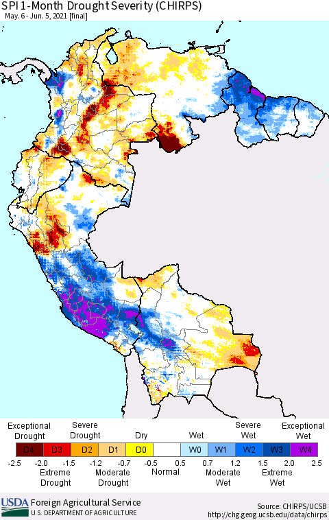 Northern South America SPI 1-Month Drought Severity (CHIRPS) Thematic Map For 5/6/2021 - 6/5/2021