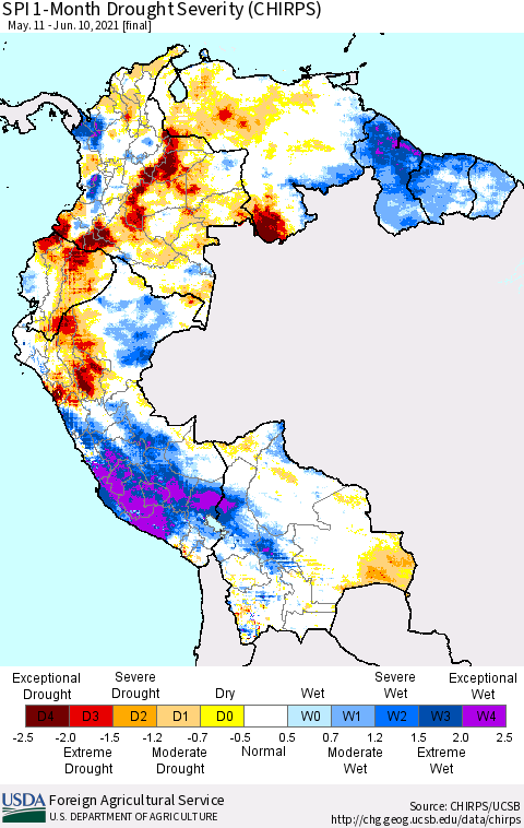 Northern South America SPI 1-Month Drought Severity (CHIRPS) Thematic Map For 5/11/2021 - 6/10/2021