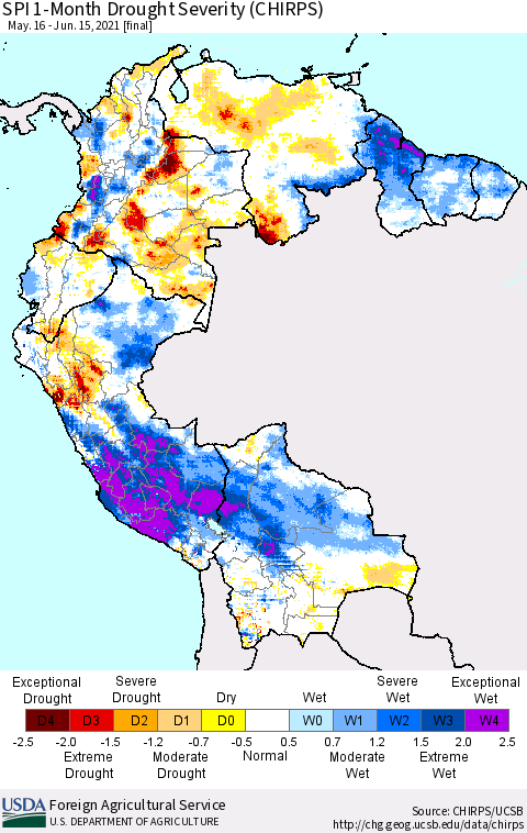Northern South America SPI 1-Month Drought Severity (CHIRPS) Thematic Map For 5/16/2021 - 6/15/2021