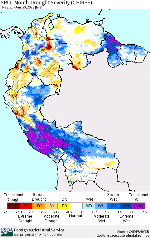 Northern South America SPI 1-Month Drought Severity (CHIRPS) Thematic Map For 5/21/2021 - 6/20/2021