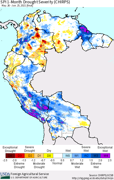 Northern South America SPI 1-Month Drought Severity (CHIRPS) Thematic Map For 5/26/2021 - 6/25/2021