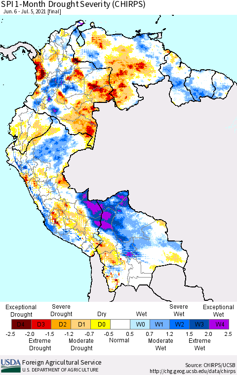 Northern South America SPI 1-Month Drought Severity (CHIRPS) Thematic Map For 6/6/2021 - 7/5/2021
