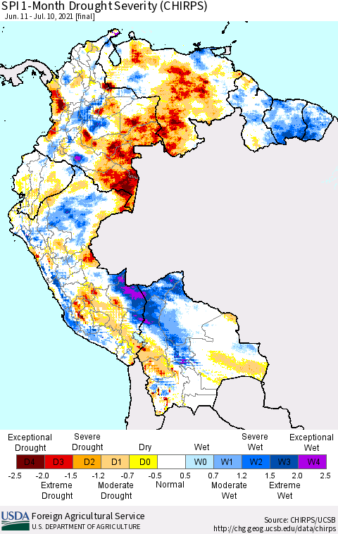 Northern South America SPI 1-Month Drought Severity (CHIRPS) Thematic Map For 6/11/2021 - 7/10/2021