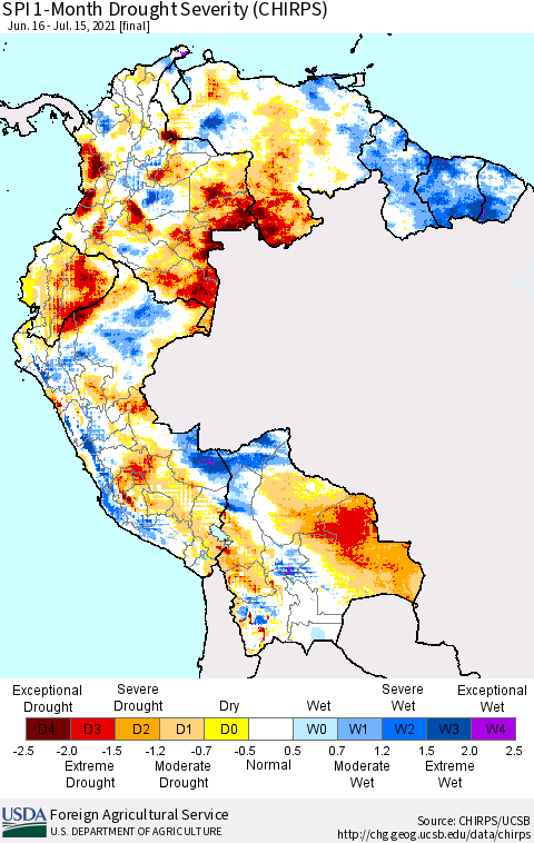 Northern South America SPI 1-Month Drought Severity (CHIRPS) Thematic Map For 6/16/2021 - 7/15/2021