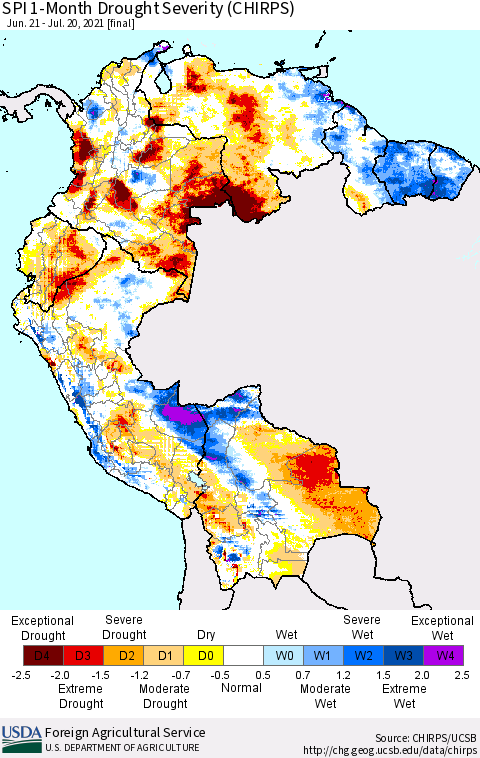 Northern South America SPI 1-Month Drought Severity (CHIRPS) Thematic Map For 6/21/2021 - 7/20/2021