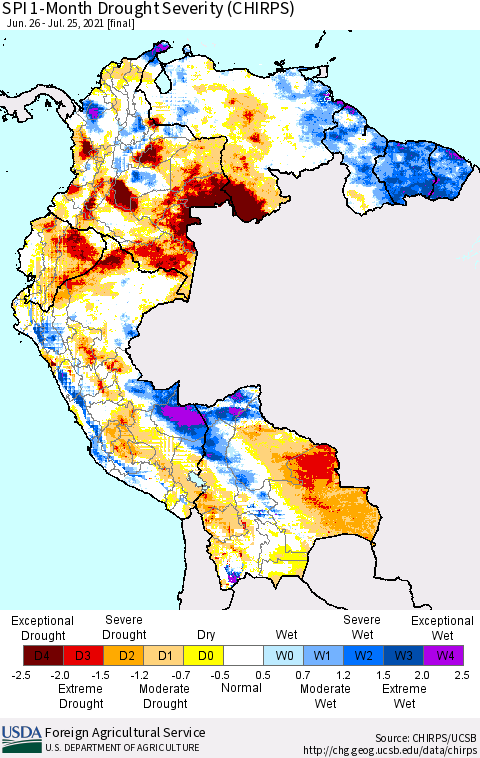 Northern South America SPI 1-Month Drought Severity (CHIRPS) Thematic Map For 6/26/2021 - 7/25/2021