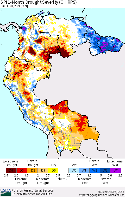 Northern South America SPI 1-Month Drought Severity (CHIRPS) Thematic Map For 7/1/2021 - 7/31/2021