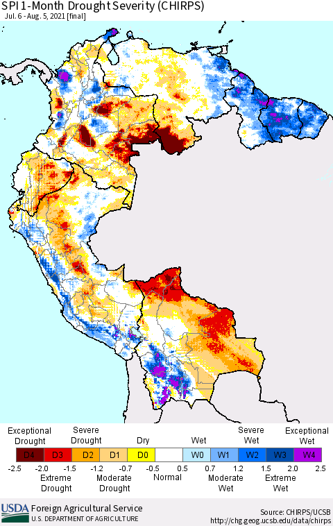 Northern South America SPI 1-Month Drought Severity (CHIRPS) Thematic Map For 7/6/2021 - 8/5/2021
