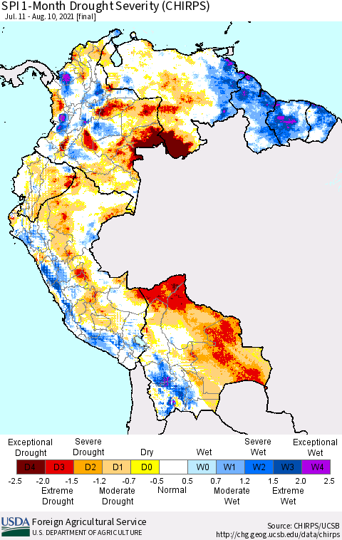 Northern South America SPI 1-Month Drought Severity (CHIRPS) Thematic Map For 7/11/2021 - 8/10/2021
