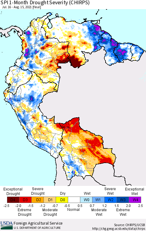 Northern South America SPI 1-Month Drought Severity (CHIRPS) Thematic Map For 7/16/2021 - 8/15/2021