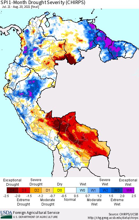 Northern South America SPI 1-Month Drought Severity (CHIRPS) Thematic Map For 7/21/2021 - 8/20/2021