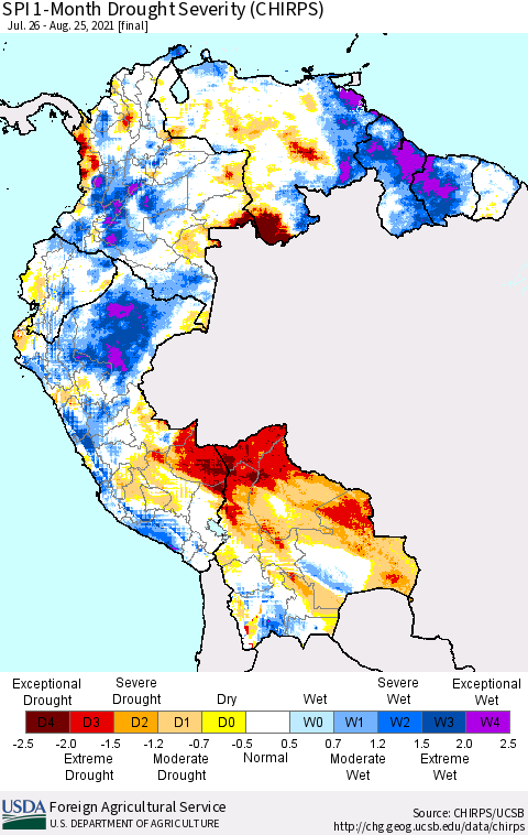 Northern South America SPI 1-Month Drought Severity (CHIRPS) Thematic Map For 7/26/2021 - 8/25/2021