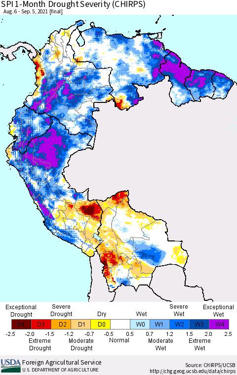 Northern South America SPI 1-Month Drought Severity (CHIRPS) Thematic Map For 8/6/2021 - 9/5/2021