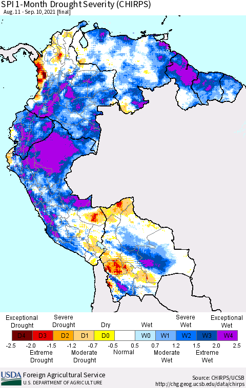 Northern South America SPI 1-Month Drought Severity (CHIRPS) Thematic Map For 8/11/2021 - 9/10/2021