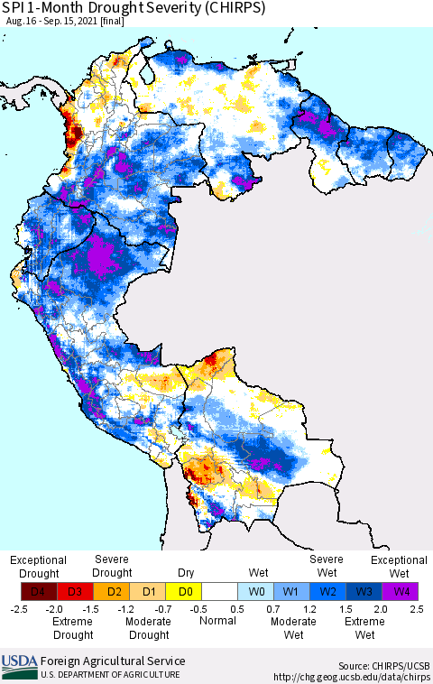Northern South America SPI 1-Month Drought Severity (CHIRPS) Thematic Map For 8/16/2021 - 9/15/2021