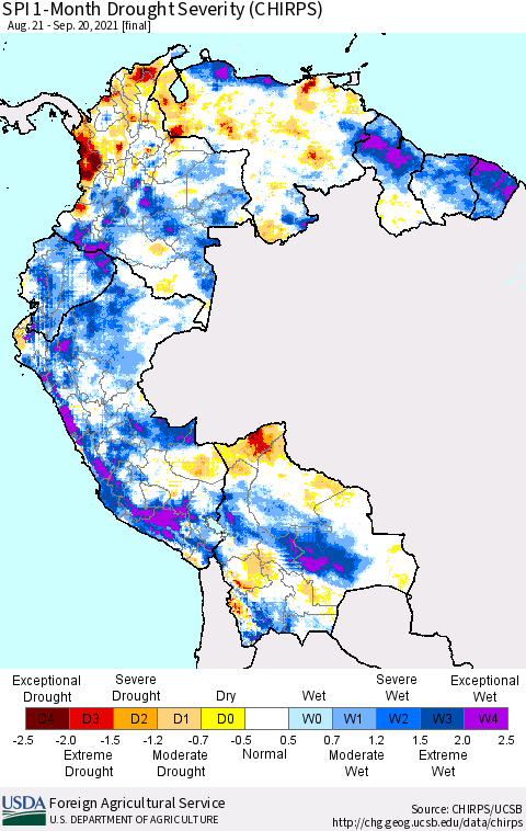 Northern South America SPI 1-Month Drought Severity (CHIRPS) Thematic Map For 8/21/2021 - 9/20/2021