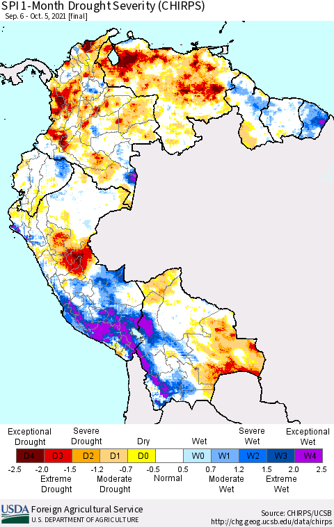 Northern South America SPI 1-Month Drought Severity (CHIRPS) Thematic Map For 9/6/2021 - 10/5/2021