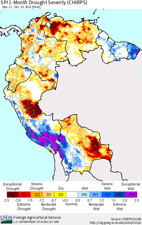 Northern South America SPI 1-Month Drought Severity (CHIRPS) Thematic Map For 9/11/2021 - 10/10/2021
