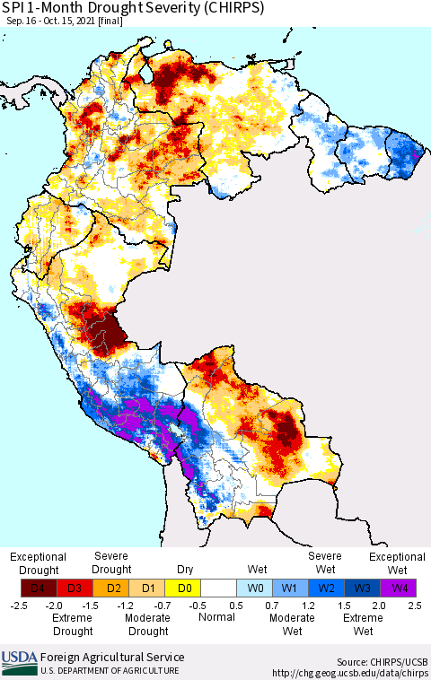 Northern South America SPI 1-Month Drought Severity (CHIRPS) Thematic Map For 9/16/2021 - 10/15/2021