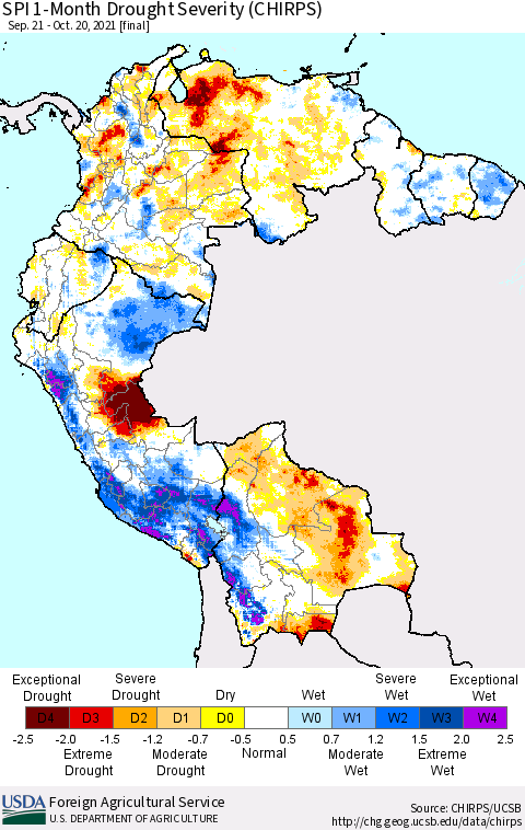 Northern South America SPI 1-Month Drought Severity (CHIRPS) Thematic Map For 9/21/2021 - 10/20/2021