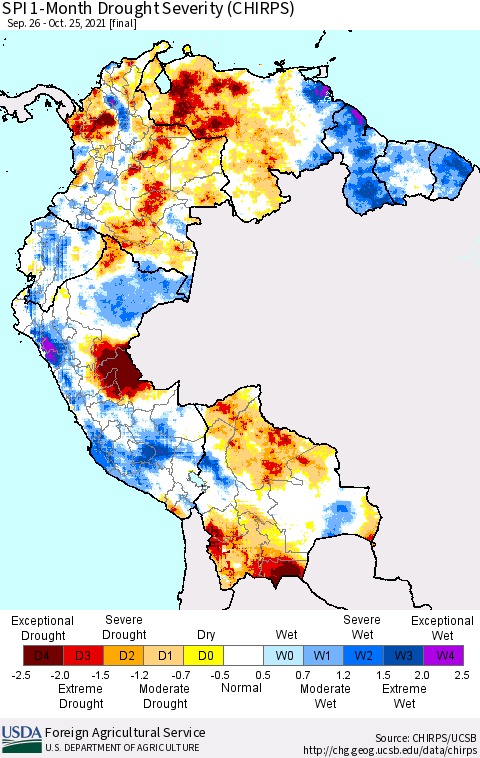 Northern South America SPI 1-Month Drought Severity (CHIRPS) Thematic Map For 9/26/2021 - 10/25/2021
