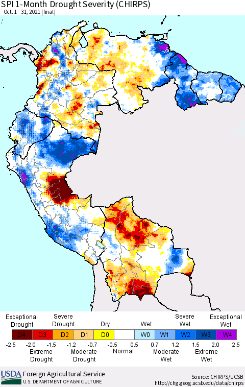 Northern South America SPI 1-Month Drought Severity (CHIRPS) Thematic Map For 10/1/2021 - 10/31/2021