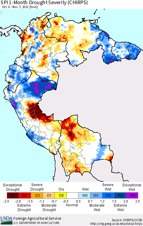Northern South America SPI 1-Month Drought Severity (CHIRPS) Thematic Map For 10/6/2021 - 11/5/2021