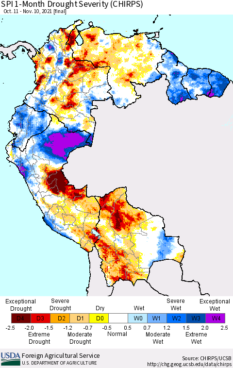 Northern South America SPI 1-Month Drought Severity (CHIRPS) Thematic Map For 10/11/2021 - 11/10/2021